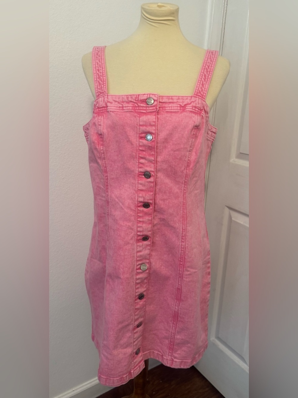 Gap Denim Mini Dress Pink Button Front Barbie 2025 Slim Fit NWT Large P